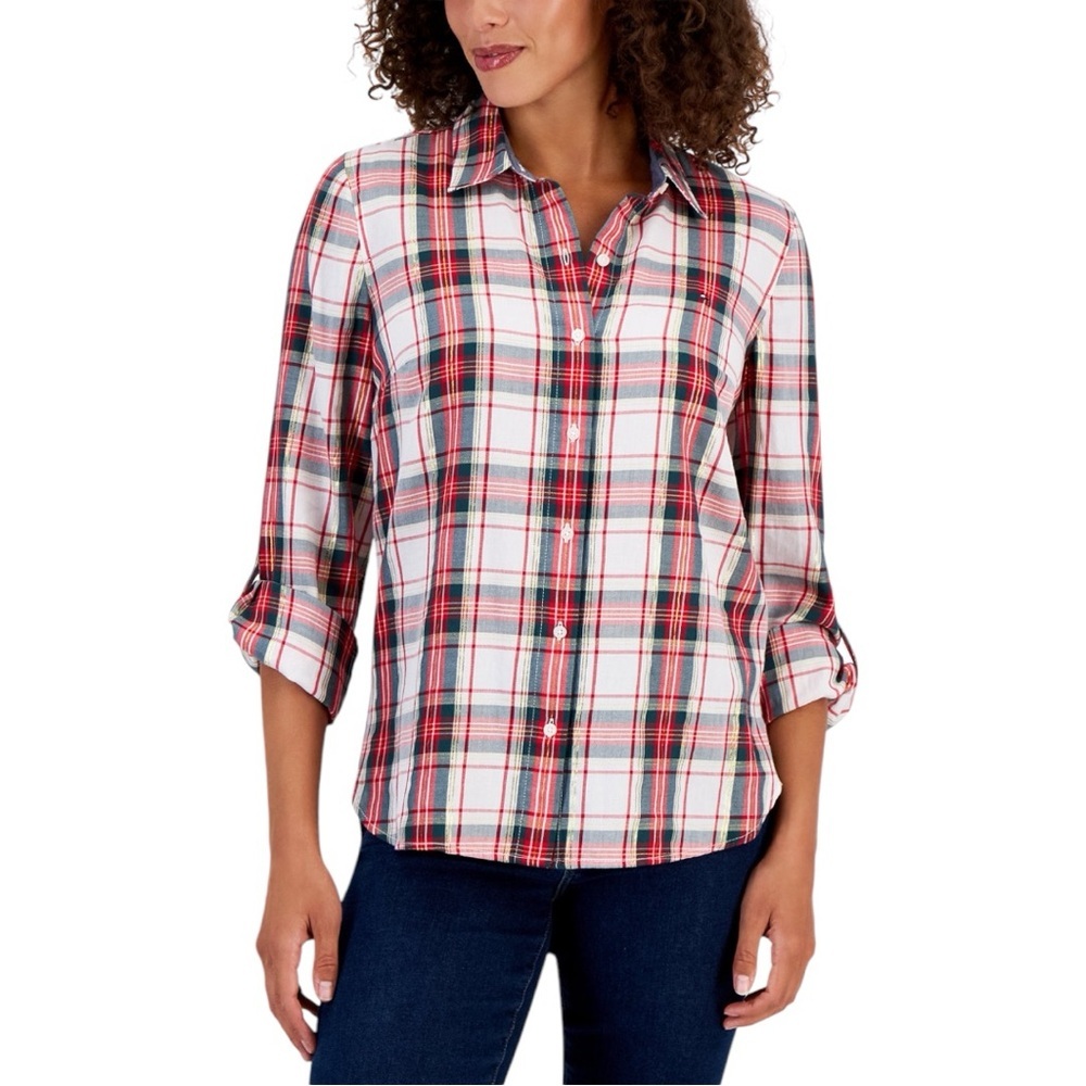 Tommy Hilfiger Red and White Relaxed long Sleeve Shirt medium